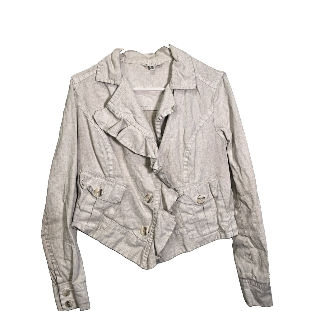 Cabi Ruffle Trim Cropped Jacket Women M Oatmeal Linen Blend Long Sleeve Beige - Picture 1 of 6